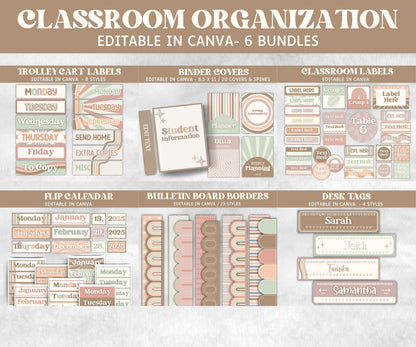 Neutral Classroom Organization Bundle, Flip Calendar, Desk Tags, Classroom Labels, Binder Covers, Trolley Cart Label, Bulletin Board Borders-Neutral Boho Decor -TheHustlingCatLady-Templates