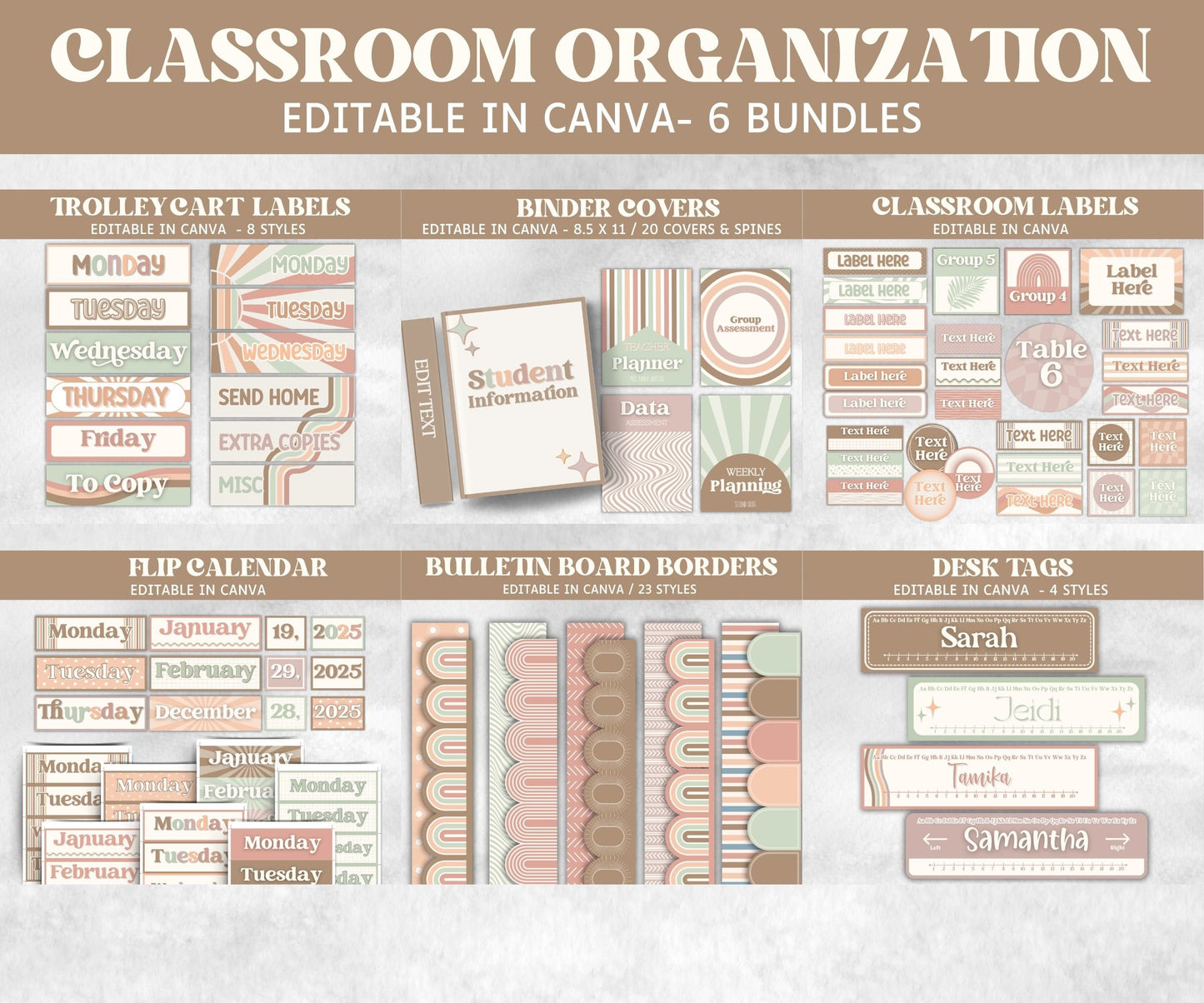 Neutral Classroom Organization Bundle, Flip Calendar, Desk Tags, Classroom Labels, Binder Covers, Trolley Cart Label, Bulletin Board Borders-Neutral Boho Decor -TheHustlingCatLady-Templates