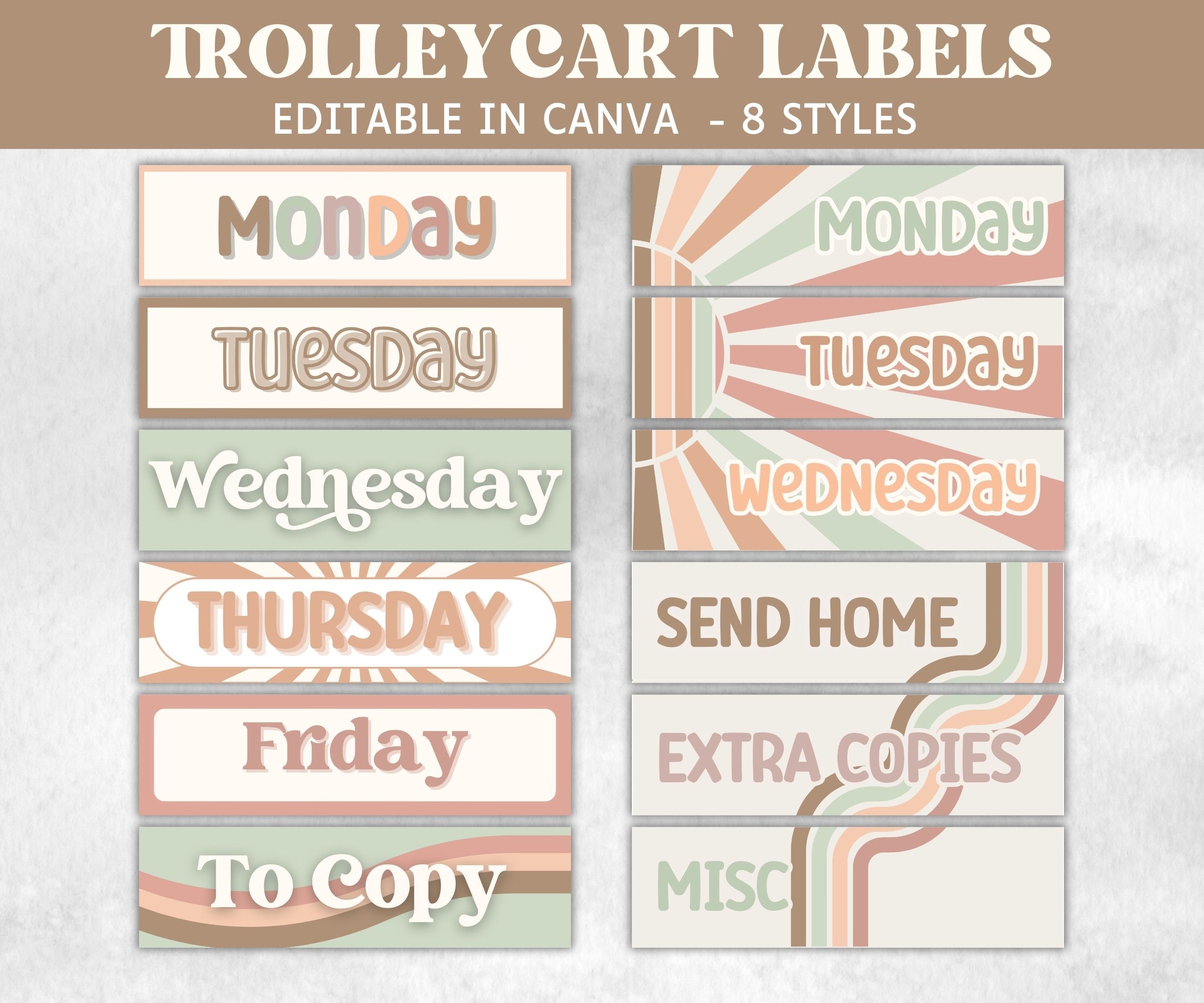 Teacher Trolley Organization, Editable Rolling Cart Labels, Teacher Cart Labels, Back To School, Teacher Cart Supplies, Elementary Classroom-Neutral Boho Decor -TheHustlingCatLady-Templates