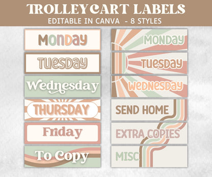 Teacher Trolley Organization, Editable Rolling Cart Labels, Teacher Cart Labels, Back To School, Teacher Cart Supplies, Elementary Classroom-Neutral Boho Decor -TheHustlingCatLady-Templates