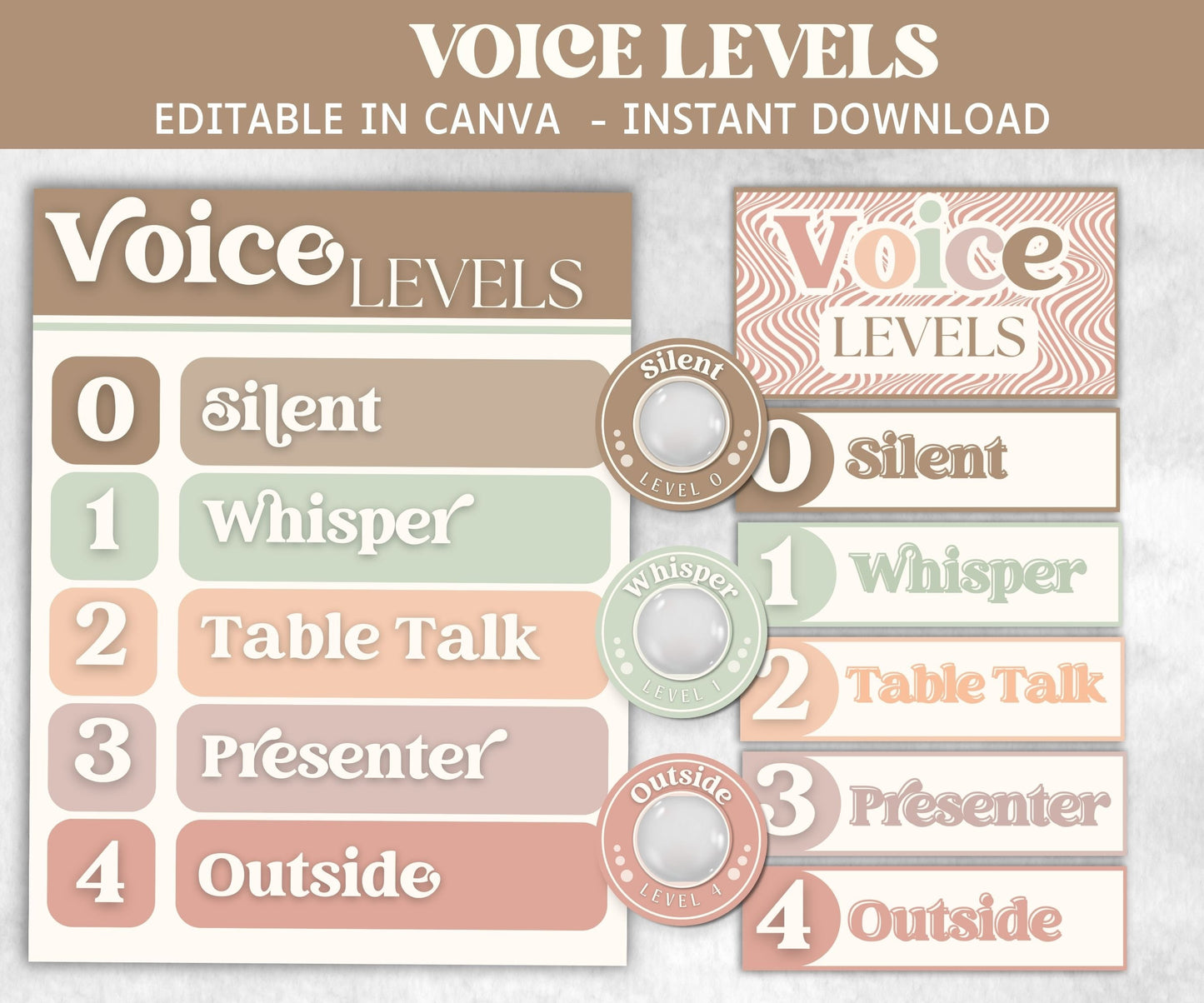 Class Voice Level, Voice Level Chart, Voice Level Display, Noise Level Display, Noise Level Chart, Visual Voice Levels, Voice Level Signs-Neutral Boho Decor -TheHustlingCatLady-Templates