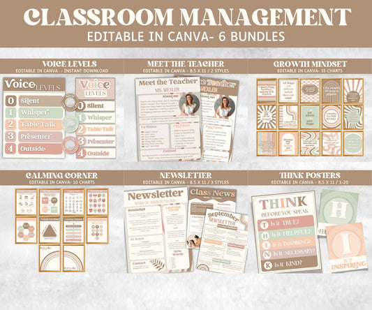 Neutral Class management bundle, Think Poster, Voice Level, Meet the teacher, Growth Mindset, Calming Corner, Class Newsletter, Boho class-Neutral Boho Decor -TheHustlingCatLady-Templates