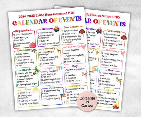 PTA Monthly Calendar, PTO Calendar, Calendar of Events, school calendar, editable in Canva calendar flyer, school events calendar flyer-New Listings -TheHustlingCatLady-Planner Templates