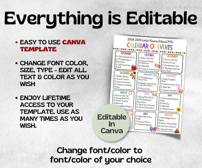 School events calendar flyer, PTA Monthly Calendar, PTO Calendar, Calendar of Events, school calendar, editable in Canva calendar flyer-New Listings -TheHustlingCatLady-Planner Templates