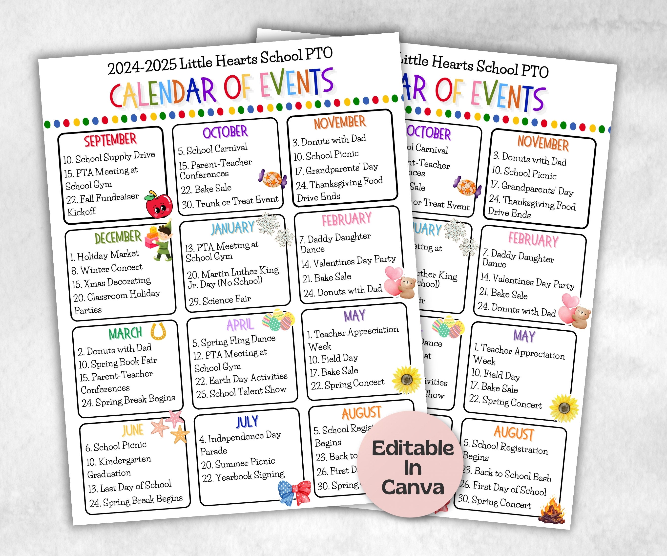 School events calendar flyer, PTA Monthly Calendar, PTO Calendar, Calendar of Events, school calendar, editable in Canva calendar flyer-New Listings -TheHustlingCatLady-Planner Templates