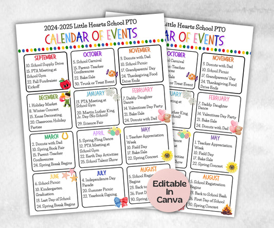 School events calendar flyer, PTA Monthly Calendar, PTO Calendar, Calendar of Events, school calendar, editable in Canva calendar flyer-New Listings -TheHustlingCatLady-Planner Templates