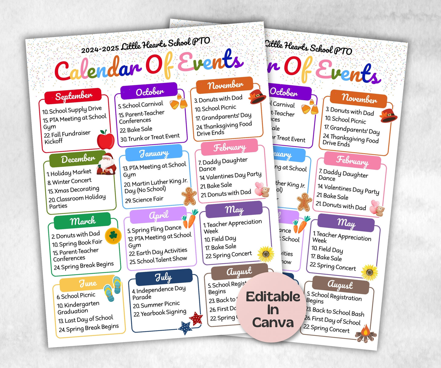 Monthly school events calendar flyer, PTA Monthly Calendar, PTO Calendar, Calendar of Events, school calendar, Edit in Canva calendar flyer-New Listings -TheHustlingCatLady-Planner Templates