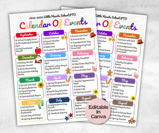 Monthly school events calendar flyer, PTA Monthly Calendar, PTO Calendar, Calendar of Events, school calendar, Edit in Canva calendar flyer-New Listings -TheHustlingCatLady-Planner Templates