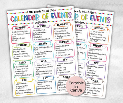 PTA PTO Event Planner, Monthly school events calendar flyer, Pta PTO Monthly Calendar, Calendar of Events, Edit in Canva calendar flyer-New Listings -TheHustlingCatLady-Planner Templates