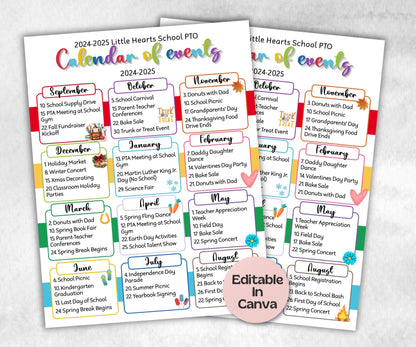 PTO PTA Calendar of Events, Monthly school events flyer, Pta Monthly Calendar, PTO Calendar, school calendar, Edit in Canva calendar flyer-New Listings -TheHustlingCatLady-Planner Templates