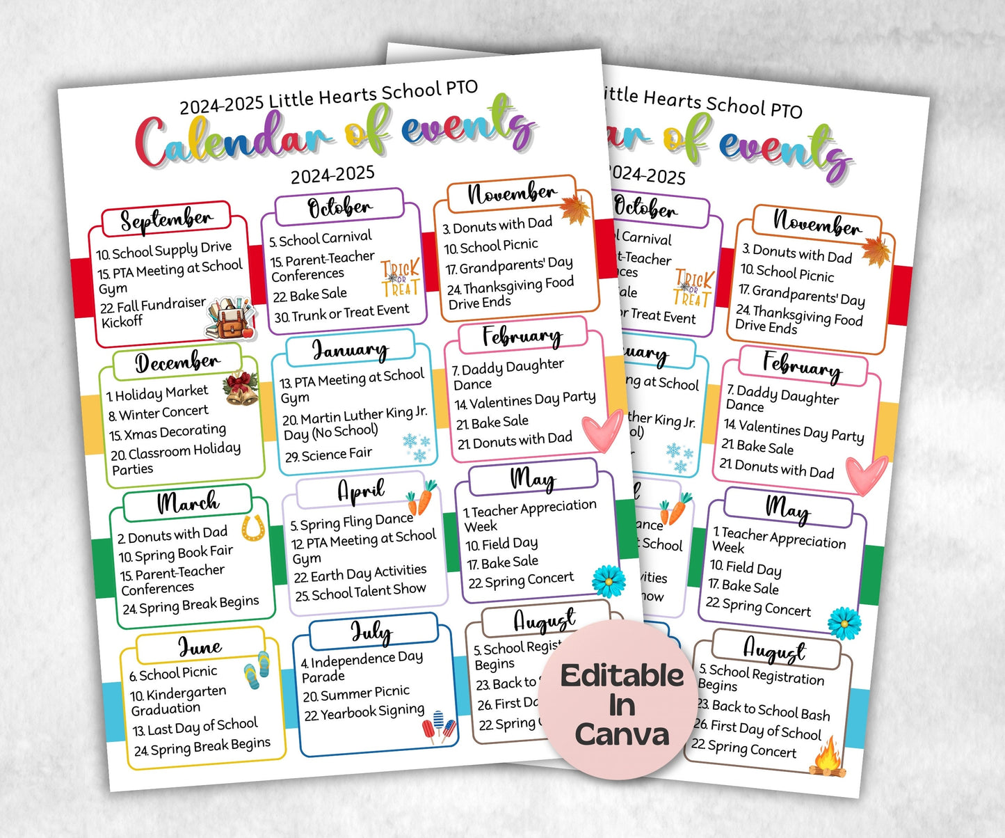 PTO PTA Calendar of Events, Monthly school events flyer, Pta Monthly Calendar, PTO Calendar, school calendar, Edit in Canva calendar flyer-New Listings -TheHustlingCatLady-Planner Templates