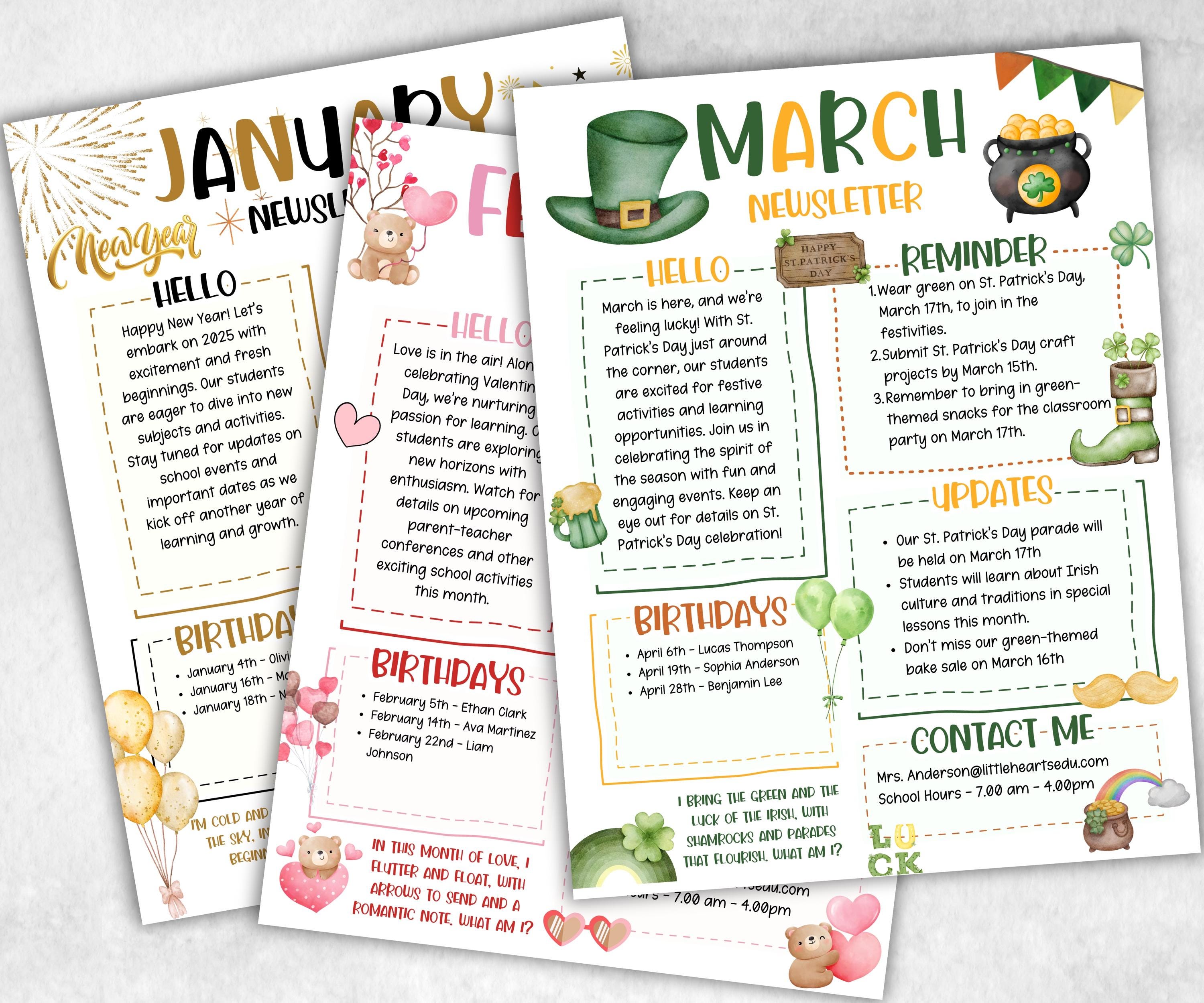 Monthly Classroom Newsletter, Daycare Class Newsletter, 12 Month Newsletter Template, Canva Template School Newsletter, Parent Communication-New Listings -TheHustlingCatLady-Planner Templates