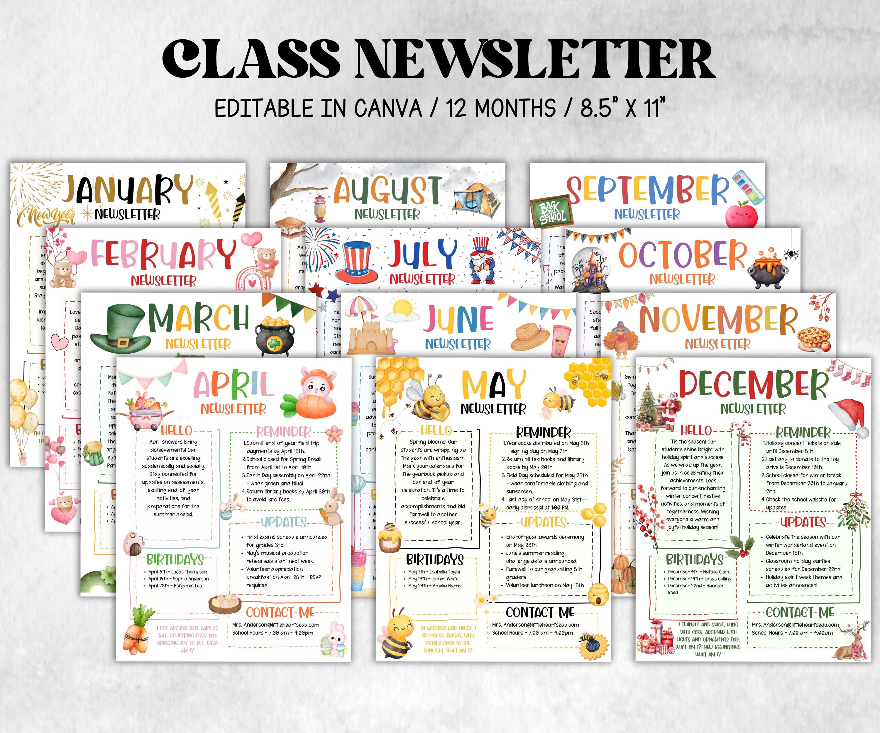 Monthly Classroom Newsletter, Daycare Class Newsletter, 12 Month Newsletter Template, Canva Template School Newsletter, Parent Communication-New Listings -TheHustlingCatLady-Planner Templates