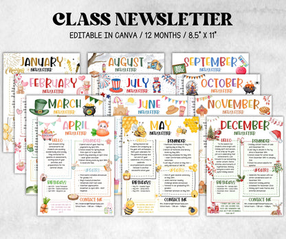 Monthly Classroom Newsletter, Daycare Class Newsletter, 12 Month Newsletter Template, Canva Template School Newsletter, Parent Communication-New Listings -TheHustlingCatLady-Planner Templates