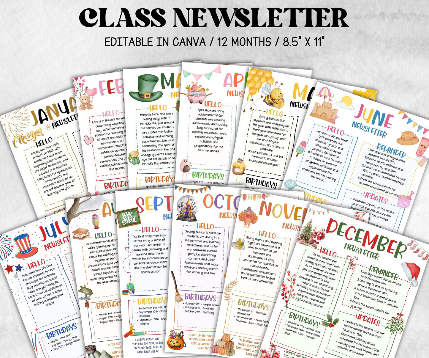 12 Month Newsletter Template, Monthly Classroom Newsletter, Daycare Class Newsletter, Canva Template School Newsletter, Parent Communication-New Listings -TheHustlingCatLady-Planner Templates