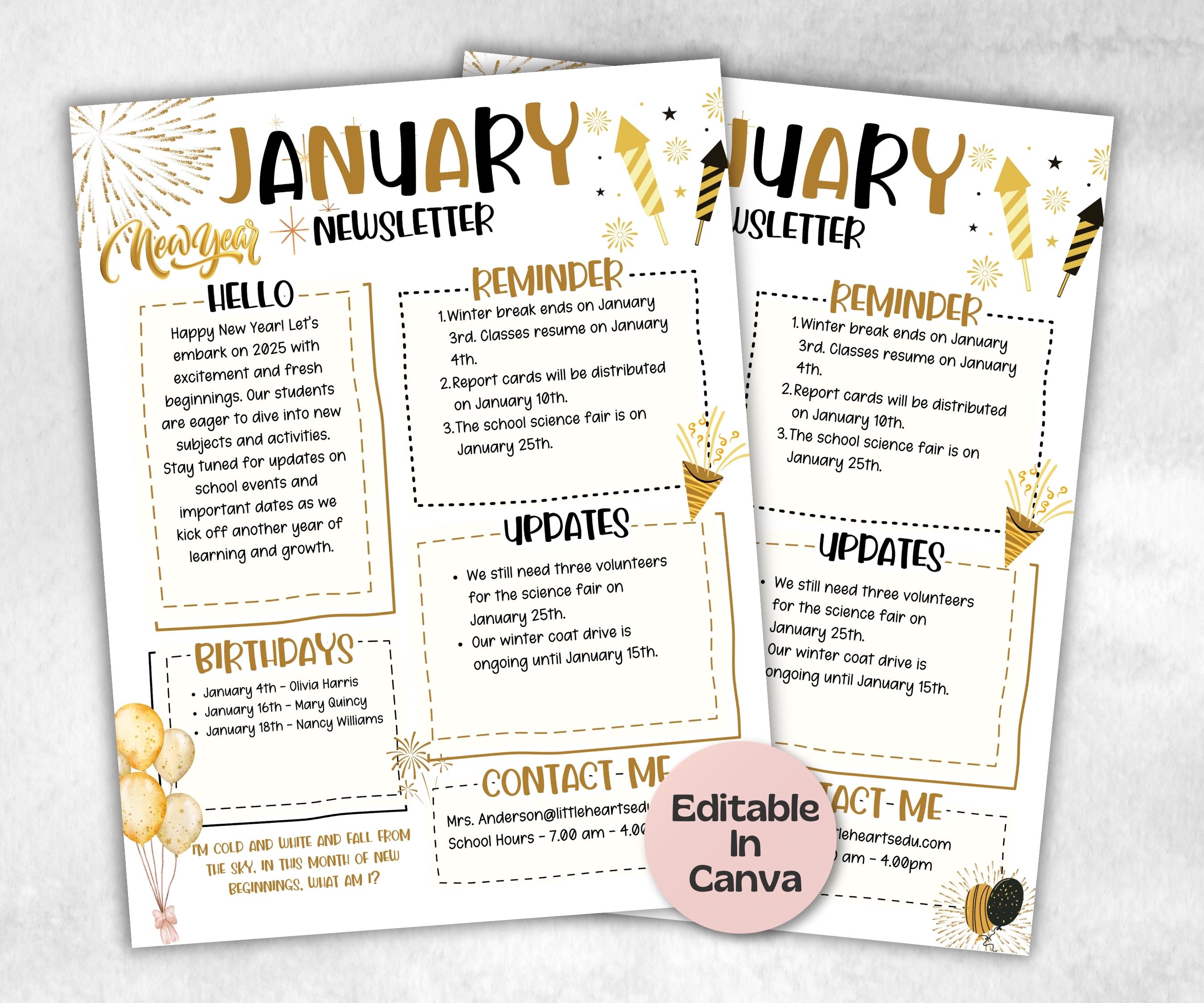 January New Year Classroom Newsletter, Daycare Class Newsletter, Newsletter Template, Canva Template School Newsletter, Parent Communication-New Listings -TheHustlingCatLady-Planner Templates