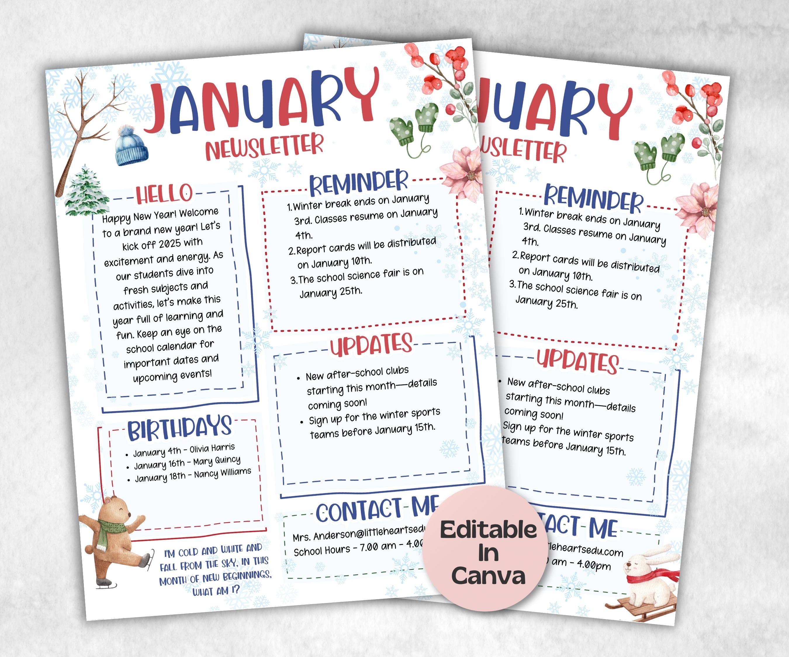 January Winter Classroom Newsletter, Daycare Class Newsletter, Newsletter Template, Canva Template School Newsletter, Parent Communication-New Listings -TheHustlingCatLady-Planner Templates