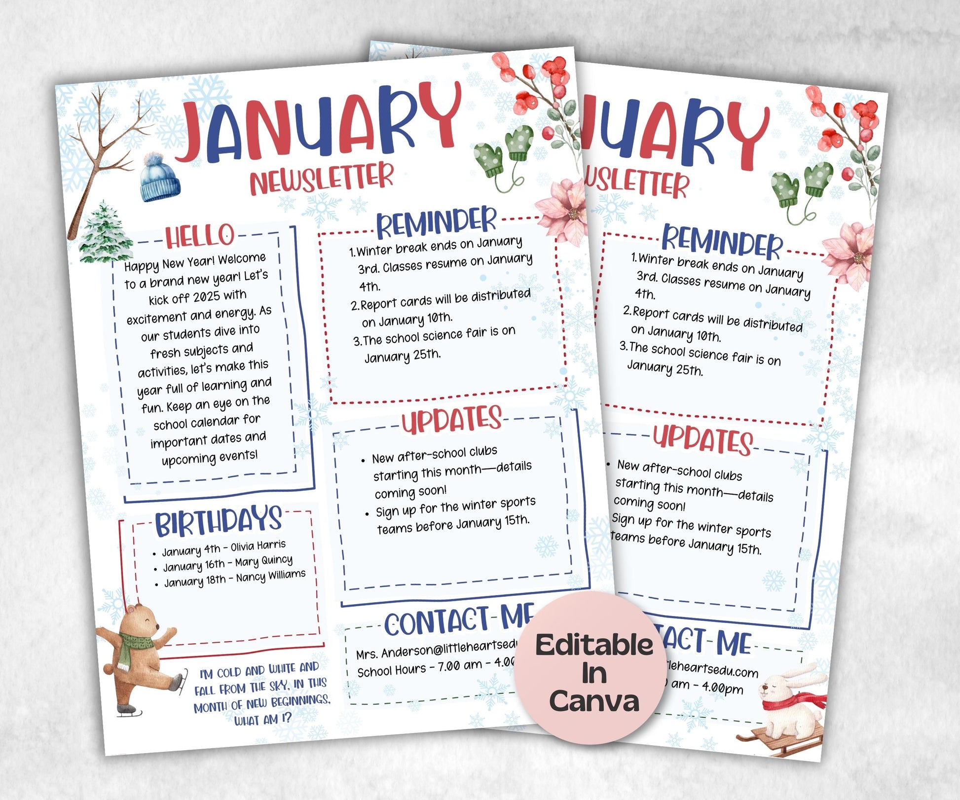 January Winter Classroom Newsletter, Daycare Class Newsletter, Newsletter Template, Canva Template School Newsletter, Parent Communication-New Listings -TheHustlingCatLady-Planner Templates