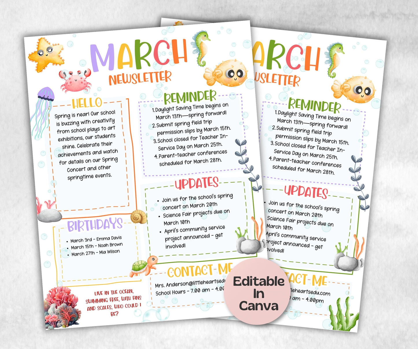 March Sea life Classroom Newsletter, Daycare Class Newsletter, Newsletter Template, Canva Template School Newsletter, Parent Communication-New Listings -TheHustlingCatLady-Planner Templates