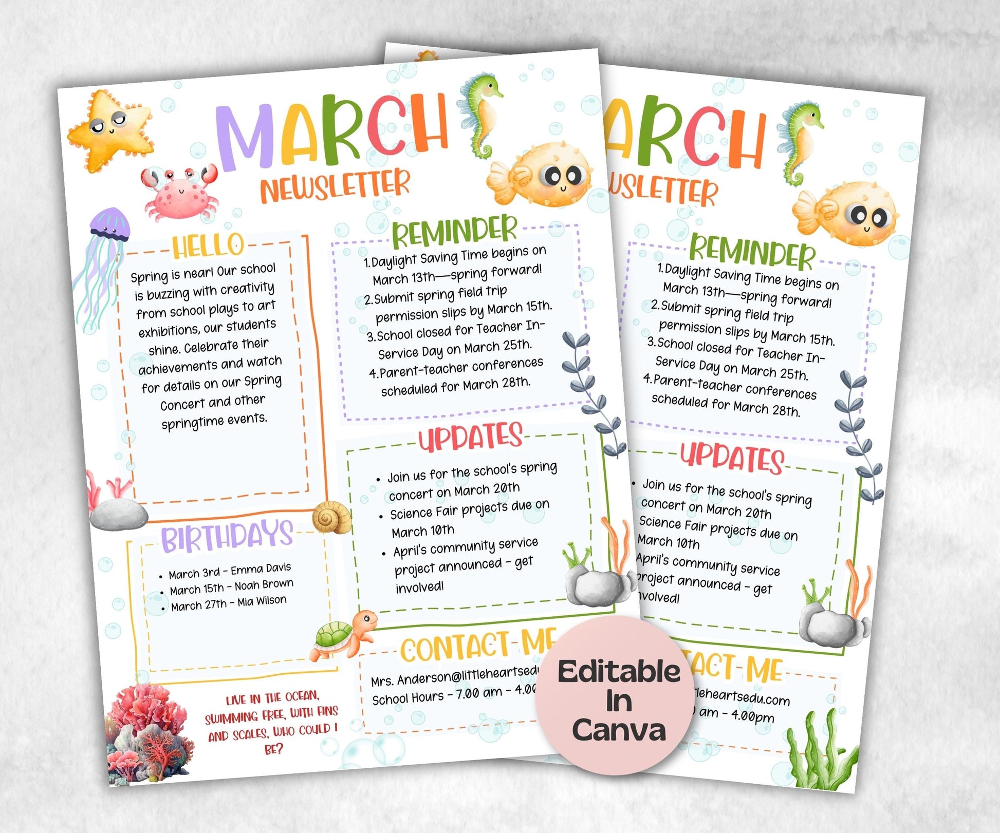 March Sea life Classroom Newsletter, Daycare Class Newsletter, Newsletter Template, Canva Template School Newsletter, Parent Communication-New Listings -TheHustlingCatLady-Planner Templates