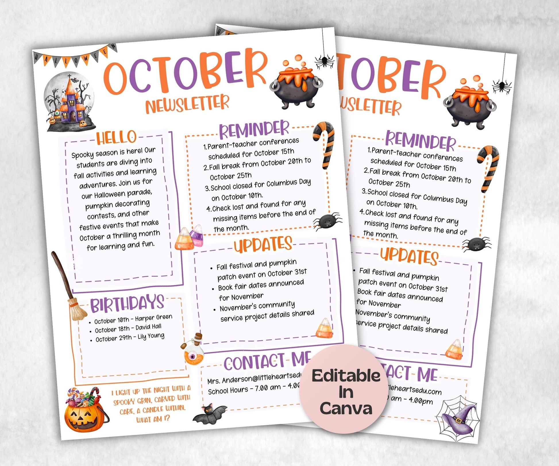 October Halloween Classroom Newsletter, Daycare Newsletter Canva Template, School Newsletter, Parent Communication, 1st day of school-New Listings -TheHustlingCatLady-Planner Templates