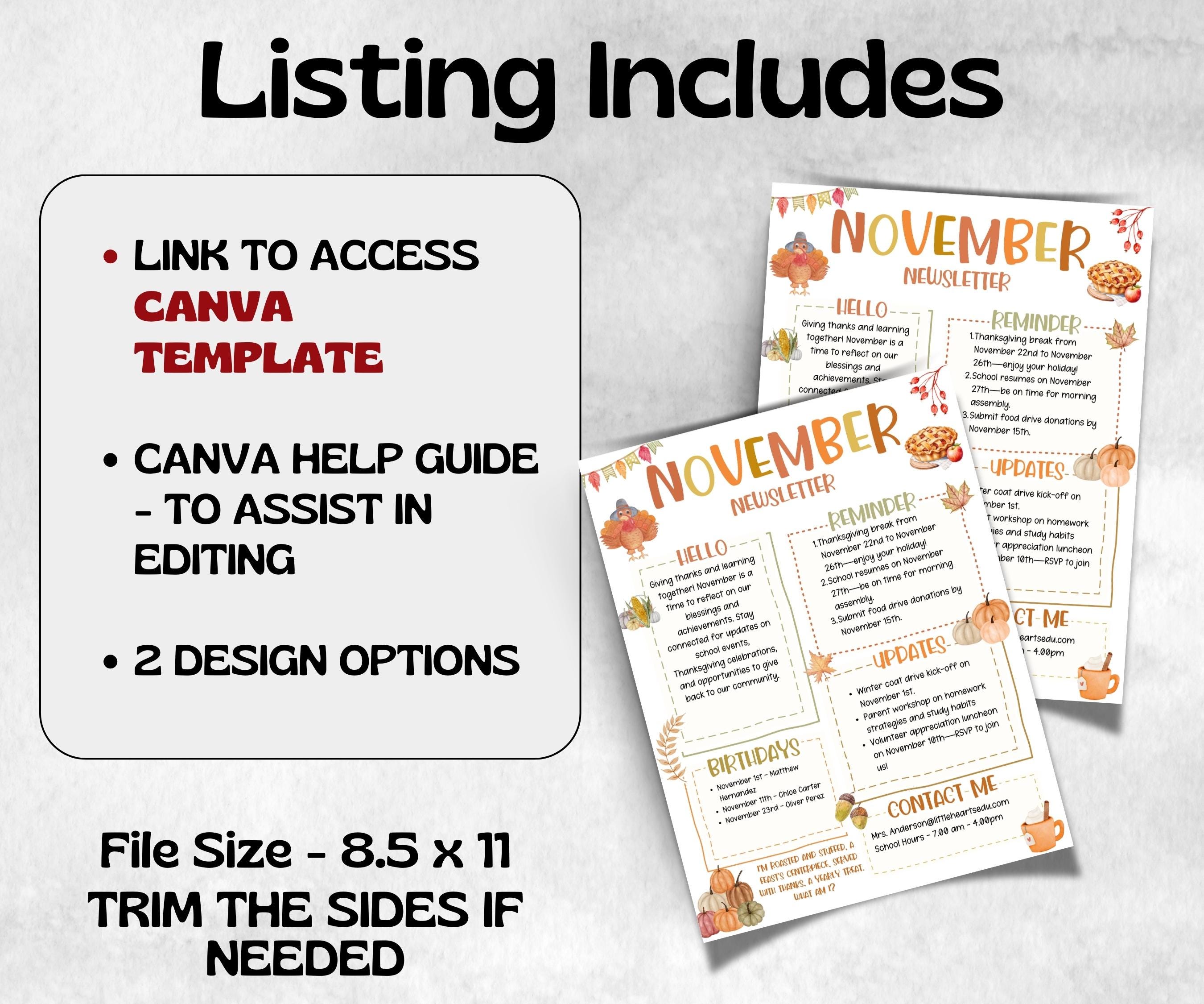 Thanksgiving November Classroom Newsletter, Parent Communication, Daycare Newsletter Canva Template, School Newsletter, 1st day of school-New Listings -TheHustlingCatLady-Planner Templates