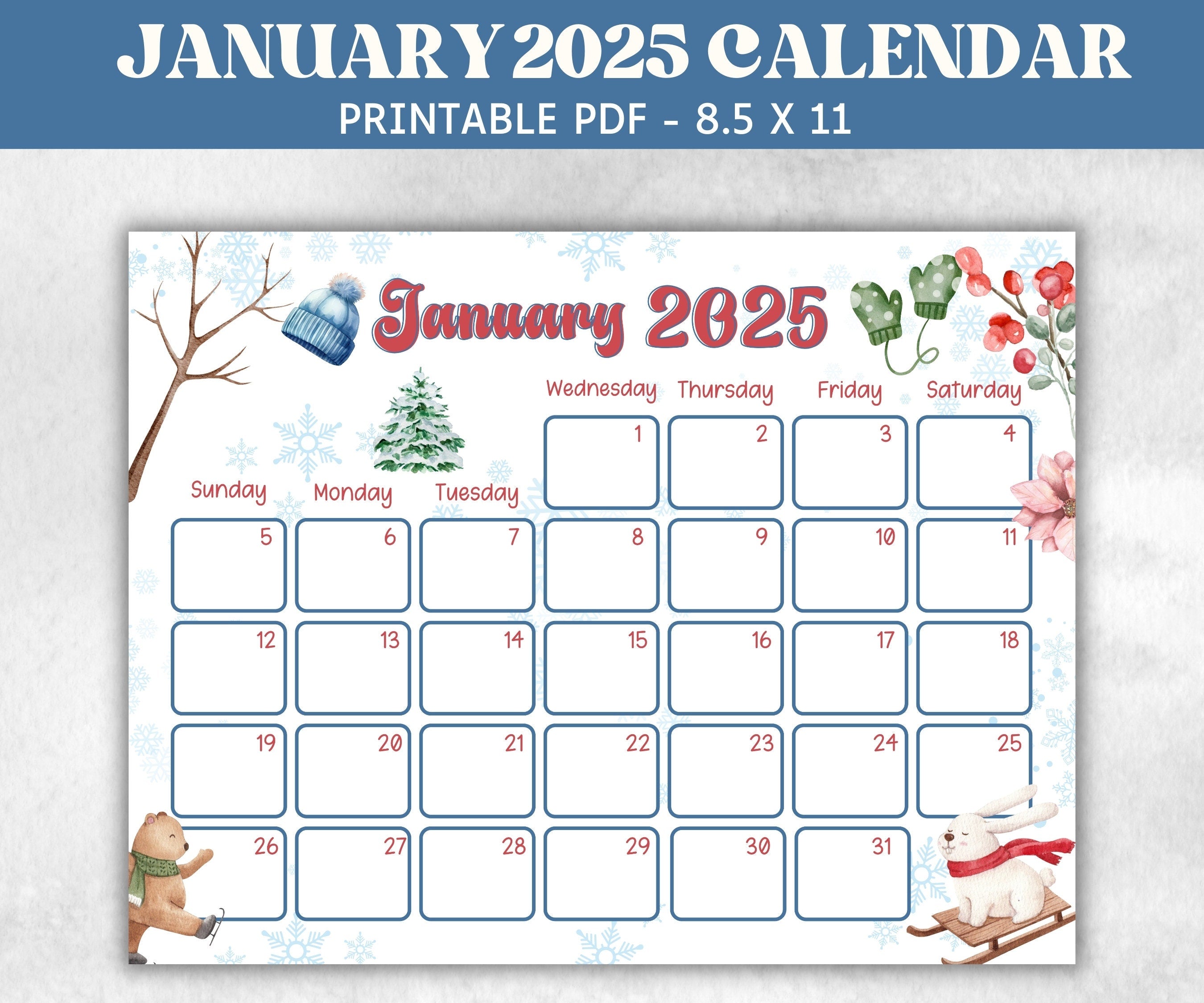 January Kids Calendar, Printable, 2025 Calendar, Homeschool Preschool Calendar Board, Children's Monthly Planner,Winter 2025 Calendar-Back To School -TheHustlingCatLady-Planner Templates