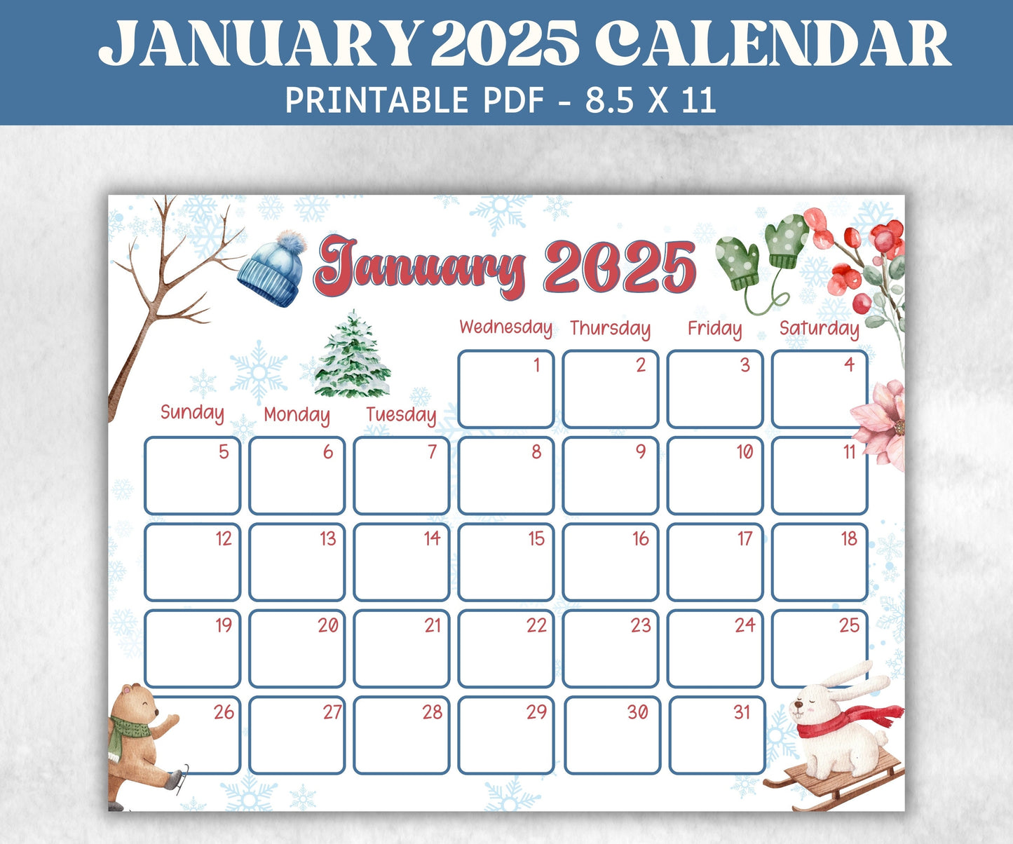 January Kids Calendar, Printable, 2025 Calendar, Homeschool Preschool Calendar Board, Children's Monthly Planner,Winter 2025 Calendar-Back To School -TheHustlingCatLady-Planner Templates