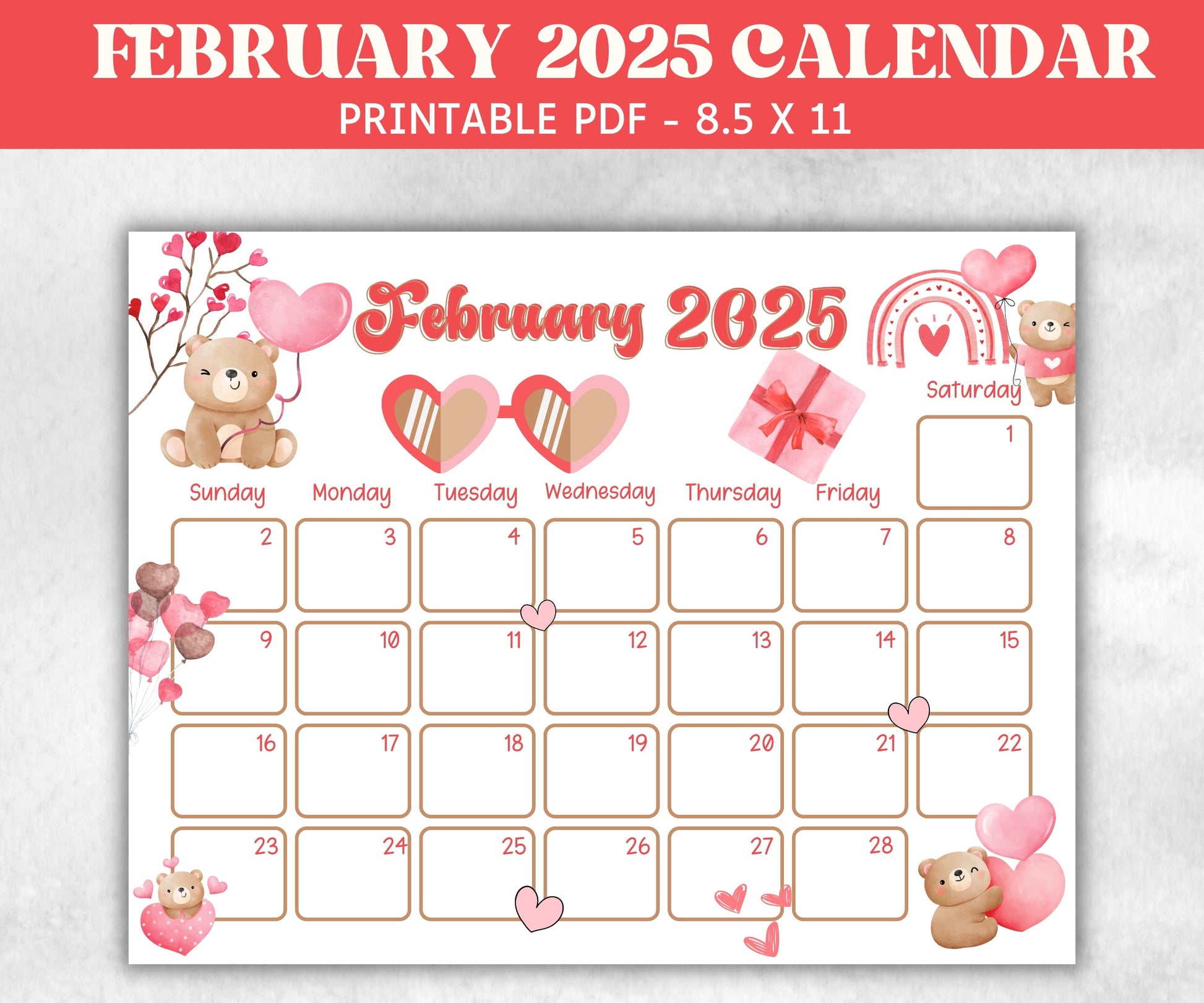 Kids February 2025 Calendar, Printable 2025 Calendar, Homeschool Preschool Calendar Board, Children Monthly Planner, Valentines day Calendar-Back To School -TheHustlingCatLady-Planner Templates