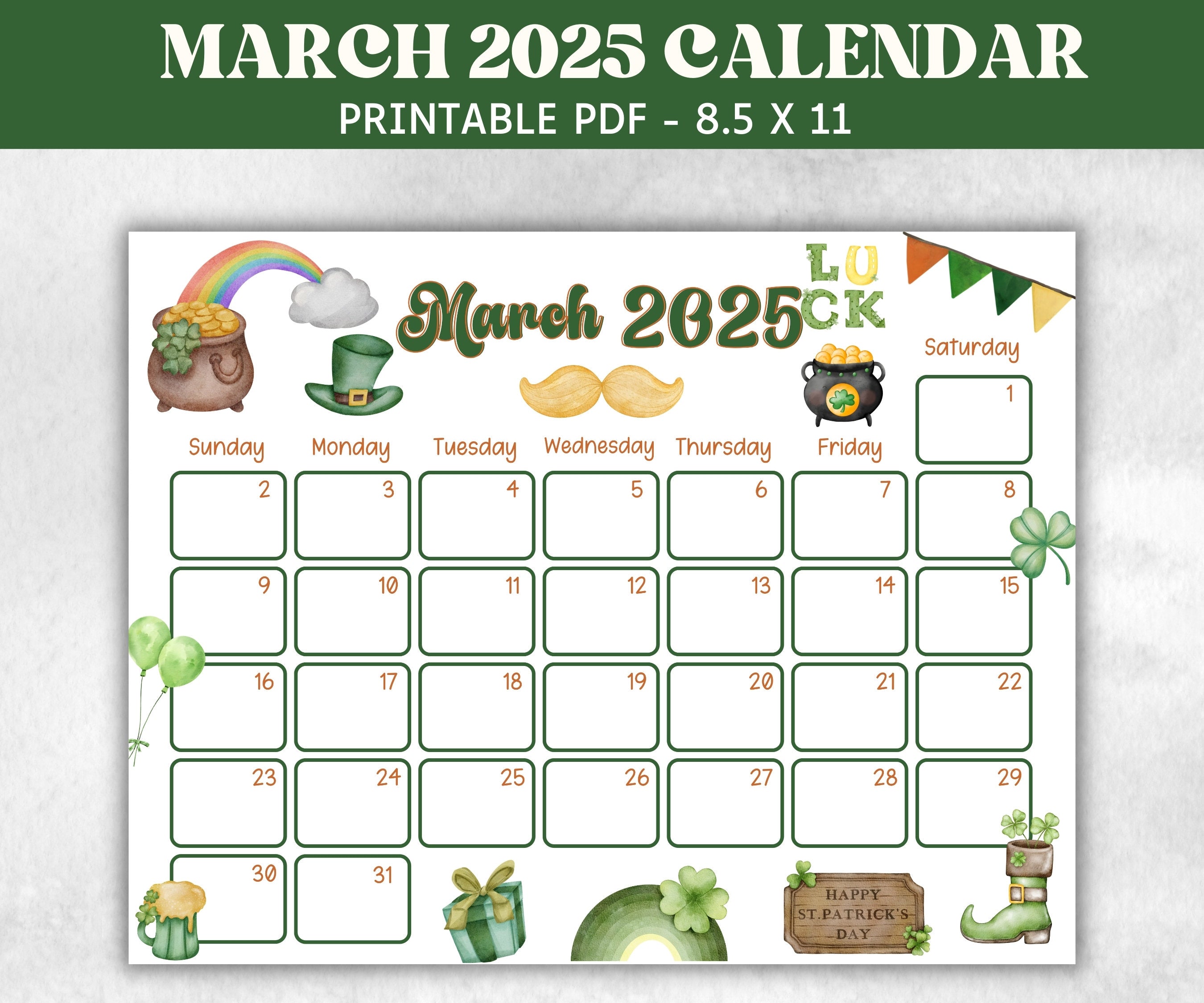 Kids March 2025 Calendar, Printable 2025 Calendar, Homeschool Preschool Calendar Board, Childrens Monthly Planner, St. Patricks Day Calendar-New Listings -TheHustlingCatLady-Planner Templates