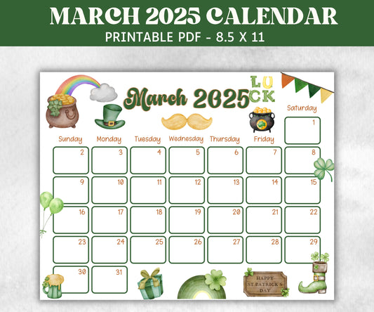 Kids March 2025 Calendar, Printable 2025 Calendar, Homeschool Preschool Calendar Board, Childrens Monthly Planner, St. Patricks Day Calendar-New Listings -TheHustlingCatLady-Planner Templates