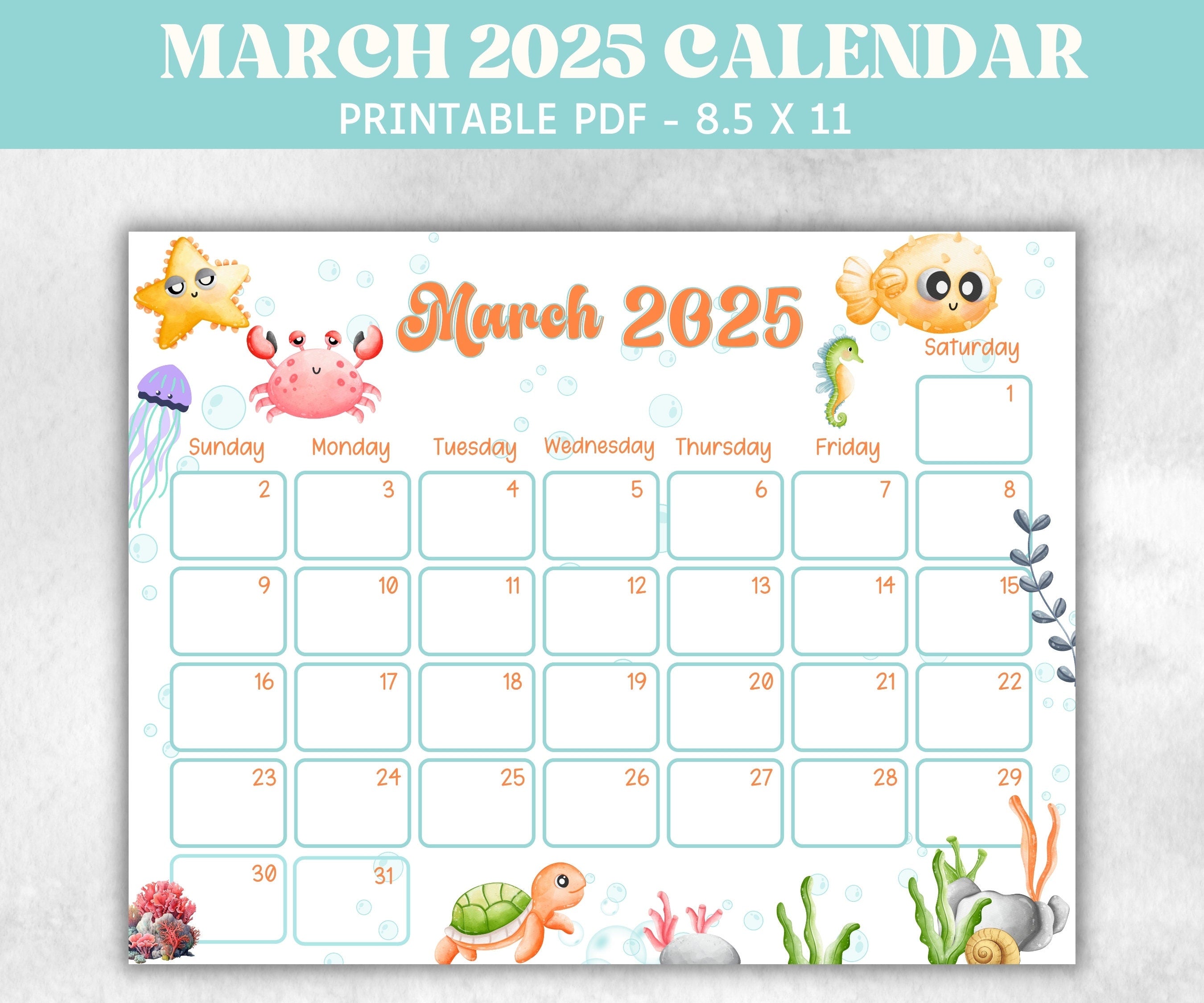 March Kids 2025 Calendar, Printable 2025 Calendar, Homeschool Preschool Calendar Board, Childrens Monthly Planner, Under water Calendar-Back To School -TheHustlingCatLady-Planner Templates