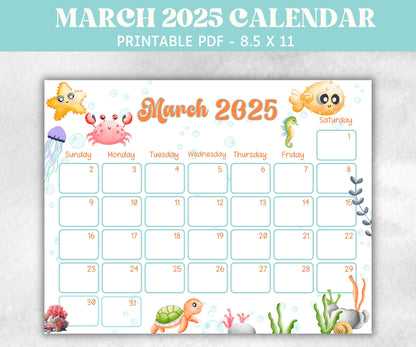 March Kids 2025 Calendar, Printable 2025 Calendar, Homeschool Preschool Calendar Board, Childrens Monthly Planner, Under water Calendar-Back To School -TheHustlingCatLady-Planner Templates