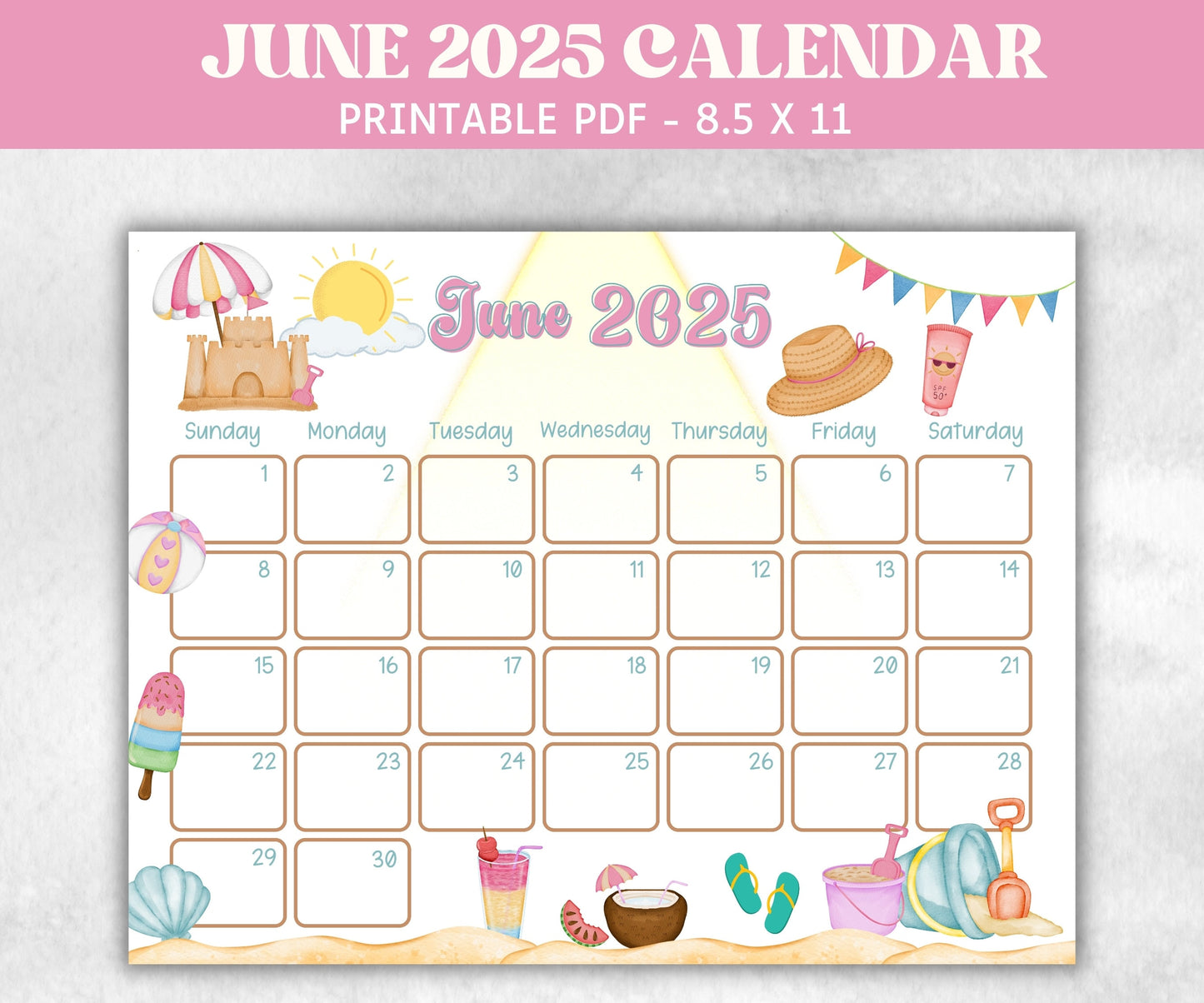 Kids June 2025 Calendar, Printable 2025 Calendar, Homeschool Preschool Calendar Board, Childrens Monthly Planner, Summer Beach Calendar-New Listings -TheHustlingCatLady-Planner Templates