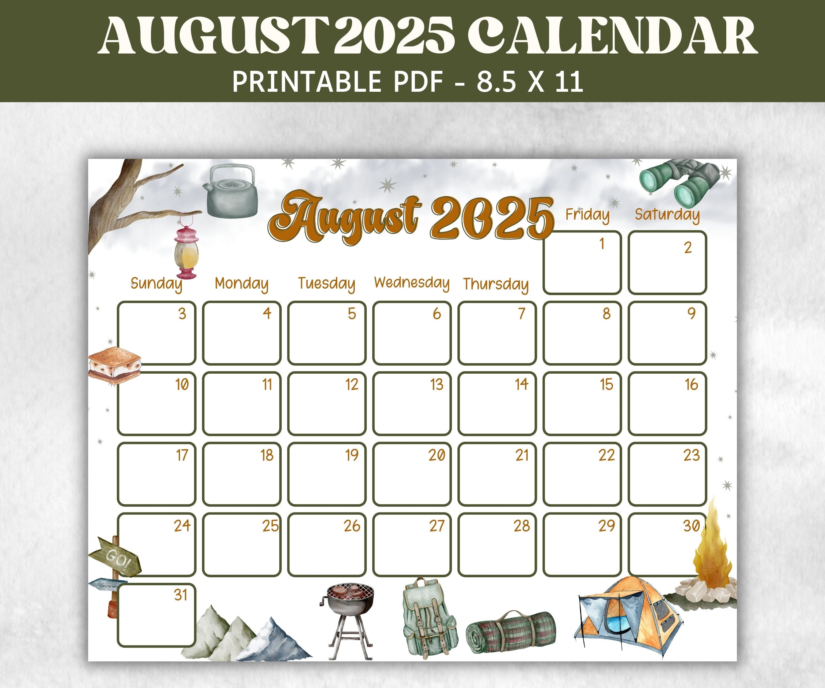 Kids August 2025 Calendar, Printable 2025 Calendar, Homeschool Preschool Calendar Board, Childrens Monthly Planner, Camping Calendar-Back To School -TheHustlingCatLady-Planner Templates