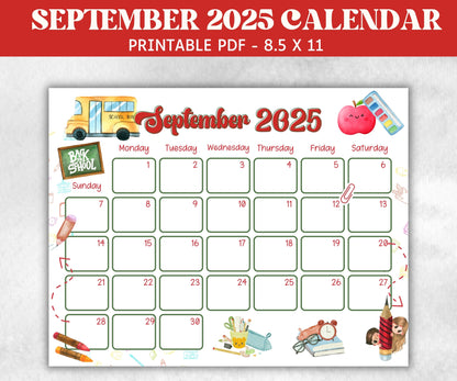 Kid September 2025 Calendar, Printable 2025 Calendar, Homeschool Preschool Calendar Board, Children Monthly Planner, Back to School Calendar-New Listings -TheHustlingCatLady-Planner Templates