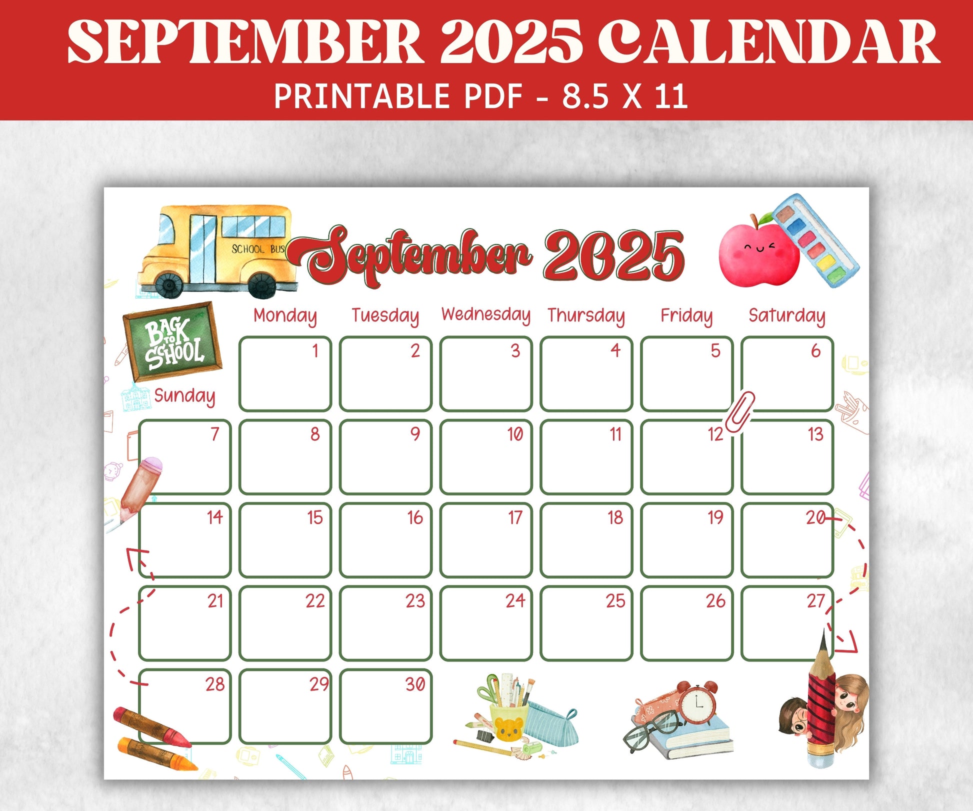 Kid September 2025 Calendar, Printable 2025 Calendar, Homeschool Preschool Calendar Board, Children Monthly Planner, Back to School Calendar-New Listings -TheHustlingCatLady-Planner Templates