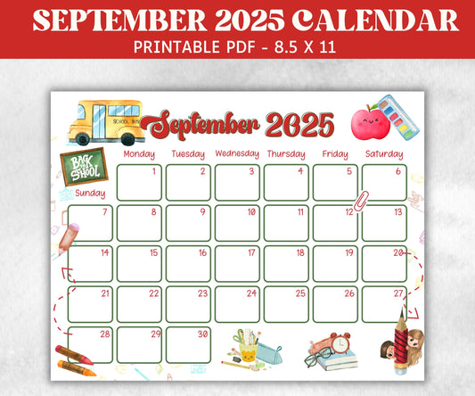 Kid September 2025 Calendar, Printable 2025 Calendar, Homeschool Preschool Calendar Board, Children Monthly Planner, Back to School Calendar-New Listings -TheHustlingCatLady-Planner Templates