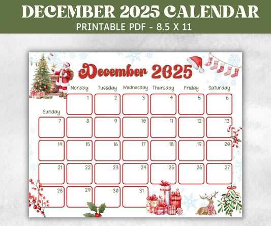 Kids December 2025 Calendar, Printable 2025 Calendar, Homeschool Preschool Calendar Board, Children's Monthly, Christmas Advent Calendar-Back To School -TheHustlingCatLady-Planner Templates