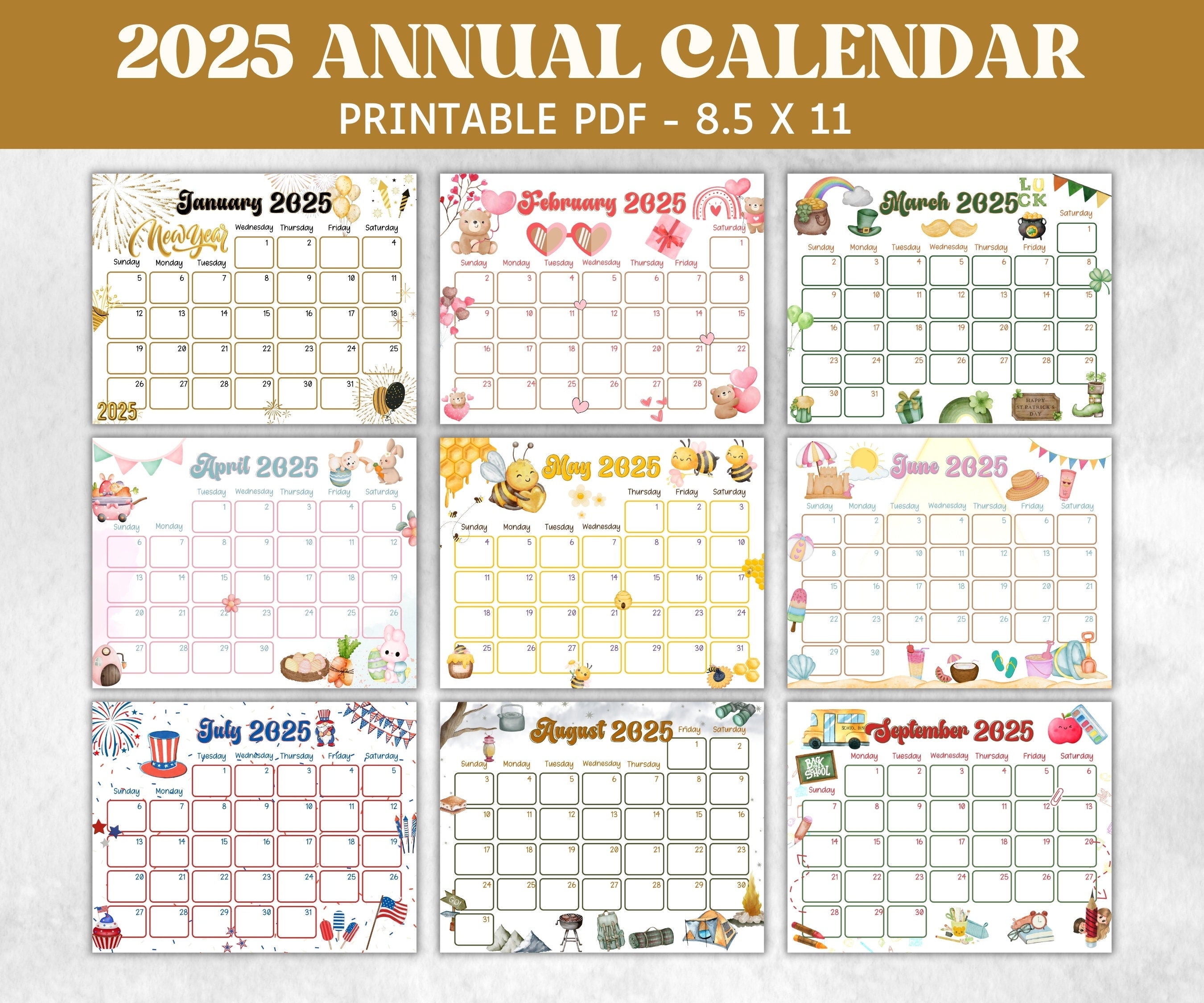 Kids Annual Monthly 2025 Calendar, Printable 2025 Calendar, Homeschool Preschool Calendar Board, Children Monthly Planner, Seasonal Calendar-Back To School -TheHustlingCatLady-Planner Templates