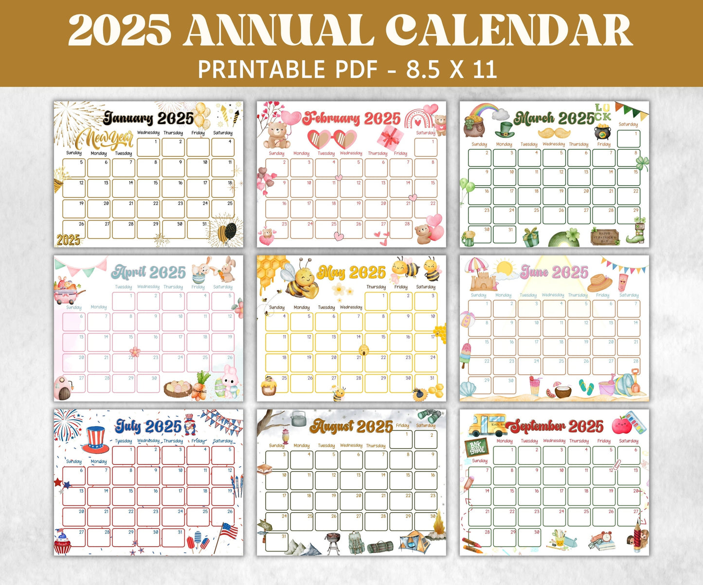 Kids Annual Monthly 2025 Calendar, Printable 2025 Calendar, Homeschool Preschool Calendar Board, Children Monthly Planner, Seasonal Calendar-Back To School -TheHustlingCatLady-Planner Templates