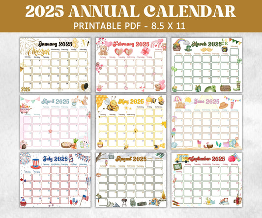 Kids Annual Monthly 2025 Calendar, Printable 2025 Calendar, Homeschool Preschool Calendar Board, Children Monthly Planner, Seasonal Calendar-Back To School -TheHustlingCatLady-Planner Templates