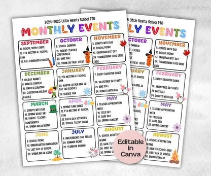 Calendar of Events, School events calendar flyer, PTA Monthly Calendar, PTO Calendar, school calendar, editable in Canva calendar flyer-New Listings -TheHustlingCatLady-Planner Templates