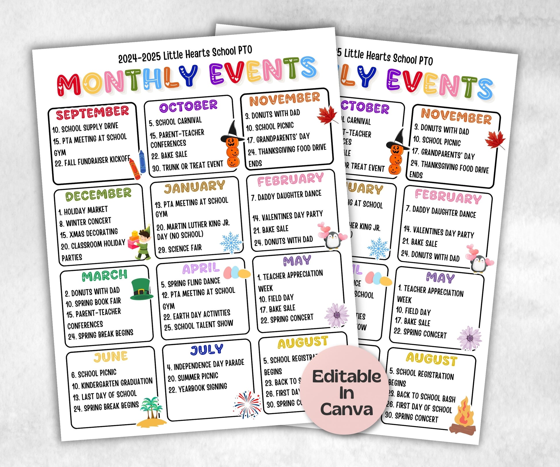 Calendar of Events, School events calendar flyer, PTA Monthly Calendar, PTO Calendar, school calendar, editable in Canva calendar flyer-New Listings -TheHustlingCatLady-Planner Templates