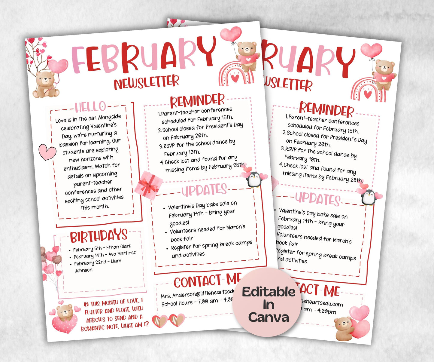 February Valentines Classroom Newsletter, Daycare Newsletter, Newsletter Template, Canva Template School Newsletter, Parent Communication-New Listings -TheHustlingCatLady-Planner Templates