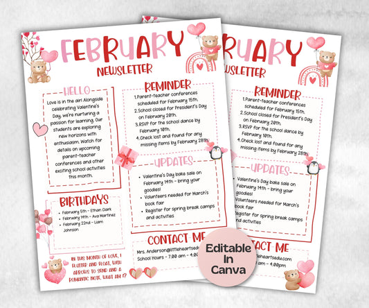 February Valentines Classroom Newsletter, Daycare Newsletter, Newsletter Template, Canva Template School Newsletter, Parent Communication-New Listings -TheHustlingCatLady-Planner Templates