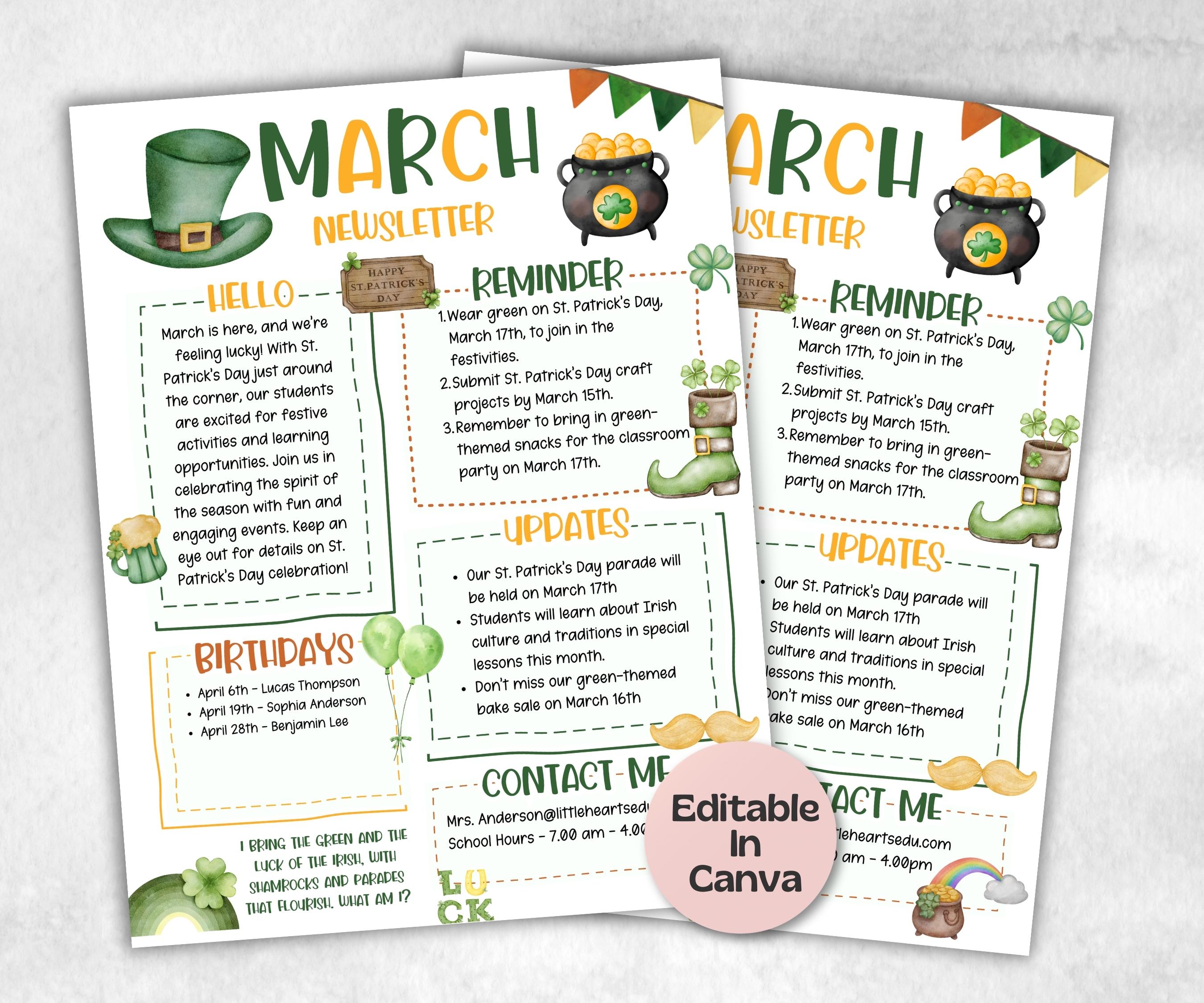 March St. Patricks Day Classroom Newsletter, Daycare Newsletter, Newsletter Template, Canva Template School Newsletter, Parent Communication-New Listings -TheHustlingCatLady-Planner Templates