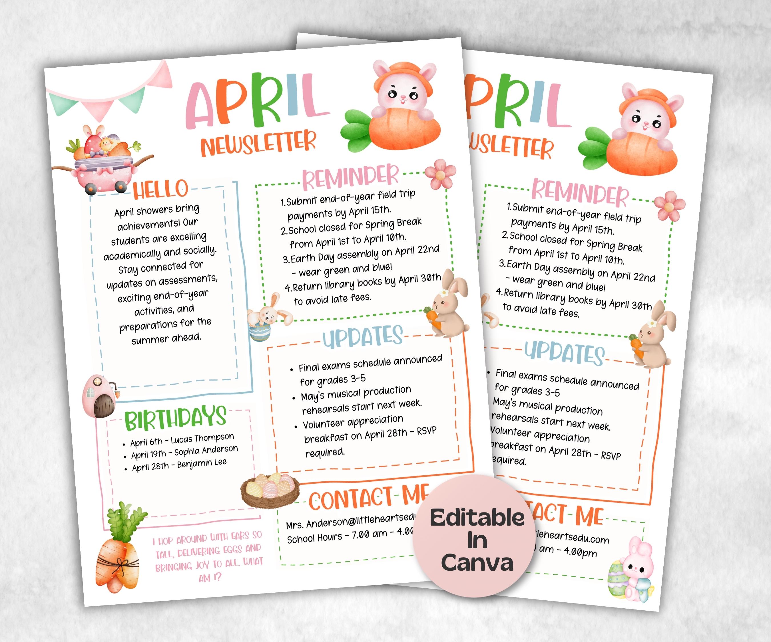 Easter April Classroom Newsletter, Daycare Class Newsletter, Newsletter Template, Canva Template School Newsletter, Parent Communication-New Listings -TheHustlingCatLady-Planner Templates