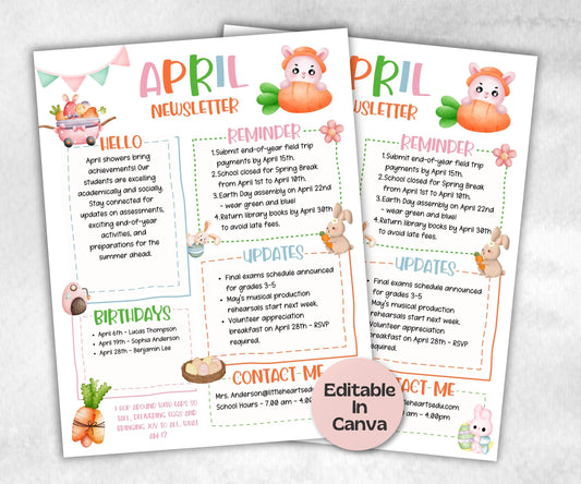 Easter April Classroom Newsletter, Daycare Class Newsletter, Newsletter Template, Canva Template School Newsletter, Parent Communication-New Listings -TheHustlingCatLady-Planner Templates