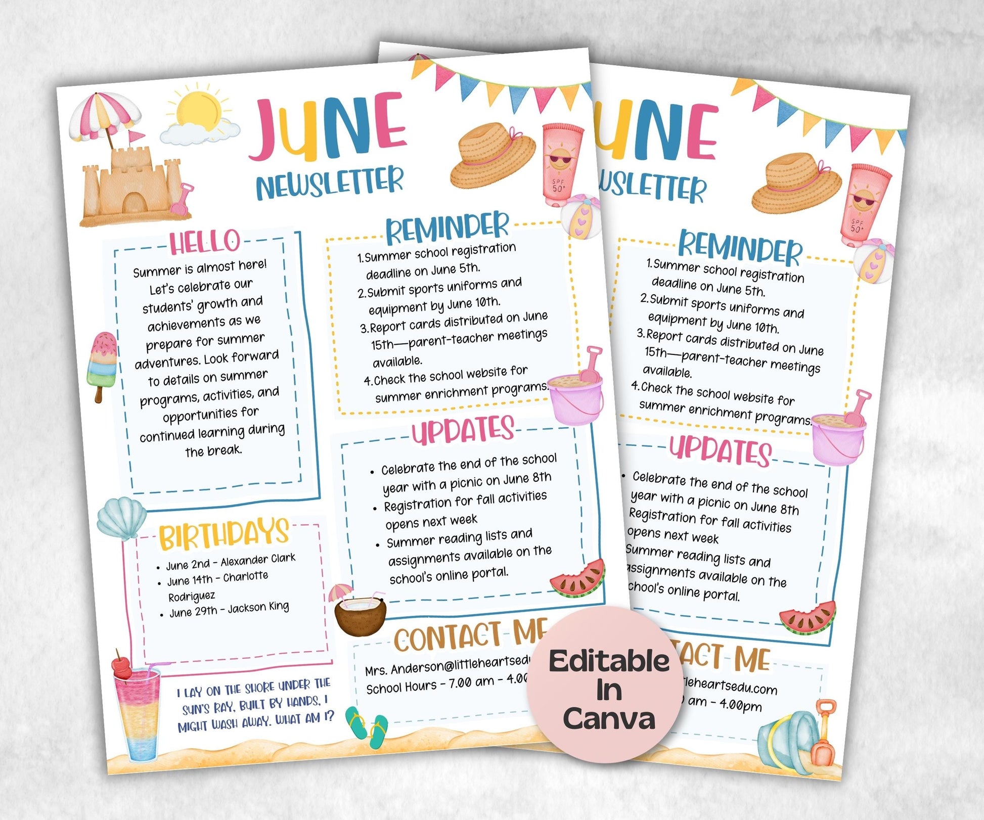 June Beach Life Classroom Newsletter, Daycare Class Newsletter, Newsletter Template, Canva Template School Newsletter, Parent Communication-New Listings -TheHustlingCatLady-Planner Templates